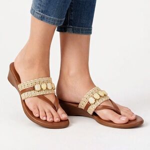 Toscanella Italy Leather Raffia Wedge Sandals Women’s 7.5 Thong Beaded